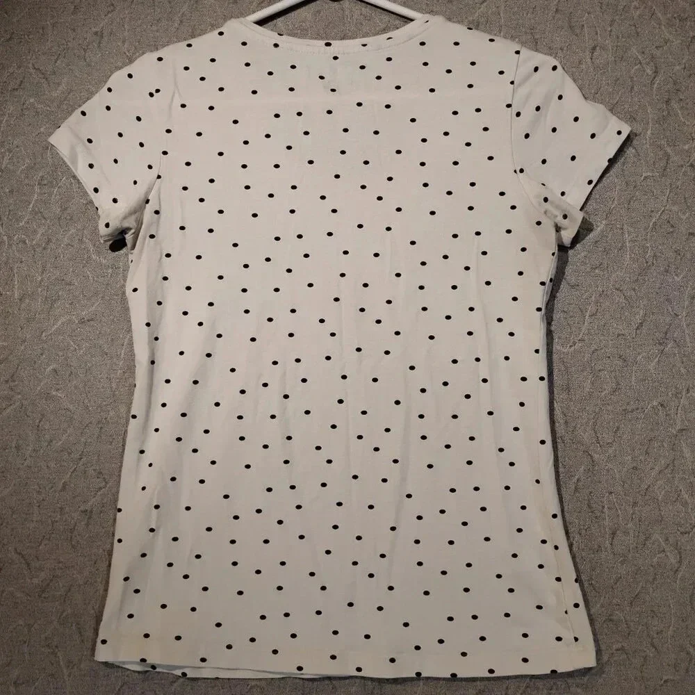 My Style Women's White with Navy Polka Dot Short Sleeve Stretch T-Shirt in Small - Picture 2 of 9